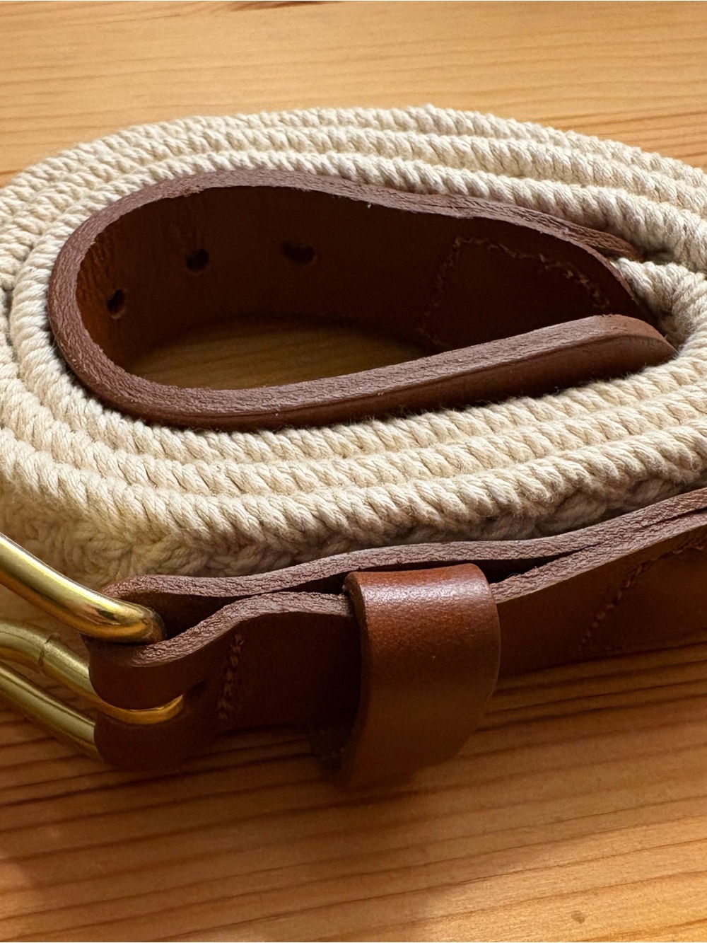 Cream Braided Belt with Brown Leather Accents - Women